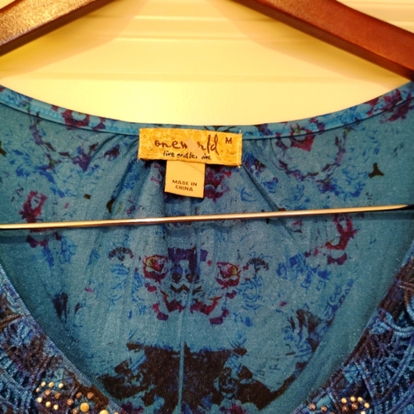 One World Velvet Tunic Top Blouse 3/4 Sleeve Blue Turquoise Medium M Boho Sequin - Picture 2 of 13